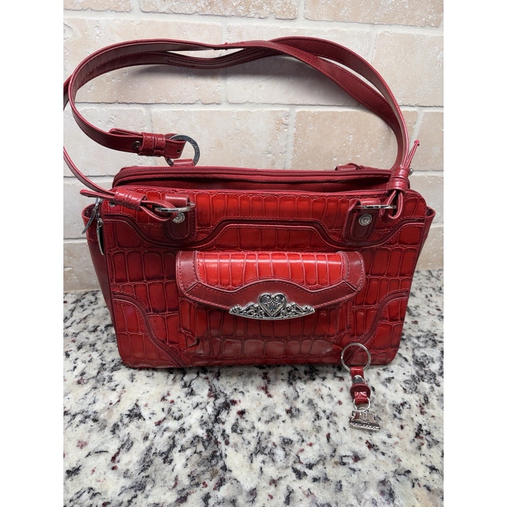 Vtg.MC Marc Chantal Red Croc Embossed Shoulder Bag Tote Heart Clasp Multi pocket